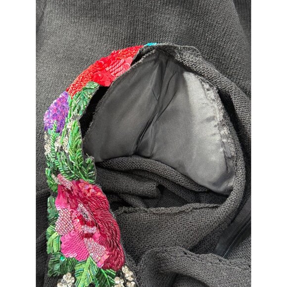 Don Sayres Wellmore Black Santana Knit Dress Floral Applique USA 80s Vtg Size 10 - Picture 6 of 8